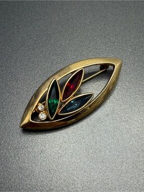 Vintage Puccini Leaf Brooch with Red, Green & Blue Stones. #cz106